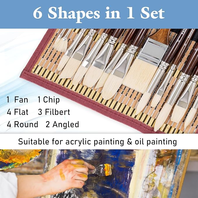 Falling in Art Natural Bristle Professional Paintbrush Set, 15PCS Long Handle Brushes for Acrylic Painting, Oil Paint Brushes of Fan, Round, Flat, Angled, and, Filbert with Storage Pouch, Brown