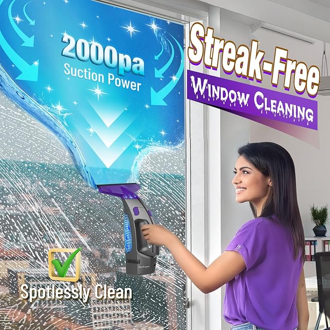 Streak-Free and Powerful Window Vacuum Squeegee Cordless, Window Cleaner with Ultra Absorbent Lint Free Microfiber Cloth, Multi-Purpose Gift Deep Cleans Window, Shower Glass, Mirror and Car
