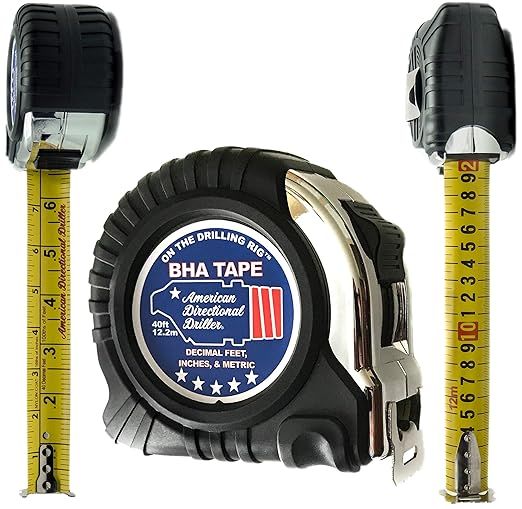 American Directional Driller® 40 Foot Tape Measure Wide Blade Engineer Scale, Imperial Inch/Foot, Metric Bottom Hole Assembly BHA Tape Directional Drilling Tape Measure Class II