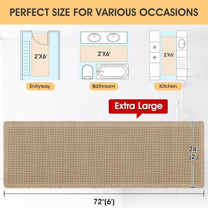 Extra Large Waffle Bath Mat Beige 6'x2'(72" x 24"), Boho Woven Modern Bath Mat Rugs, Absorbent Non Slip Bathroom Rugs, Soft Washable Bath Rugs with Tassels for Bathroom, Bedroom, Kitchen, Shower, Tub