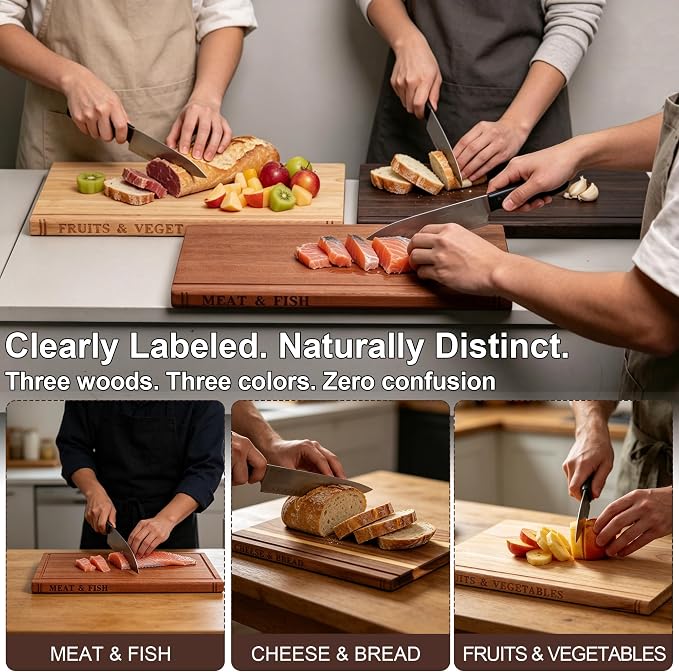Book Cutting Board Set of 3 – Newly Upgraded and Thickened Chopping Boards Premium Acacia, Ebony & Rubberwood，with Display Stand，Ideal Gift & Kitchen Decor