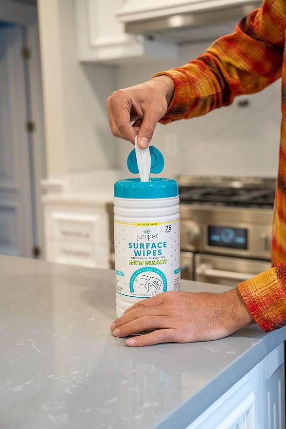 Juniper CLEAN 6 Pack Surface Cleaning Wipes with Bleach, All-Purpose Cleaner for Bathroom, Kitchen, Office, 450 Count Canister, Fresh Scent, 7.5" x 7" Sheet, Lint Free & Durable