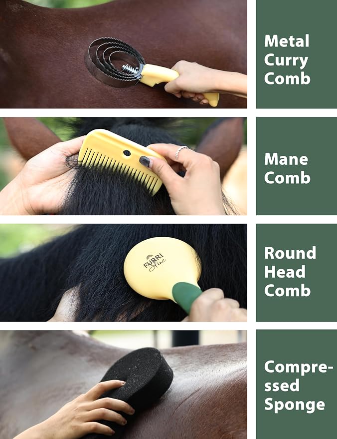 Horse Grooming Kit, 9 Piece Grooming Brush Set with Silicone Curry Comb for Bathing & Shedding Pasture Glow