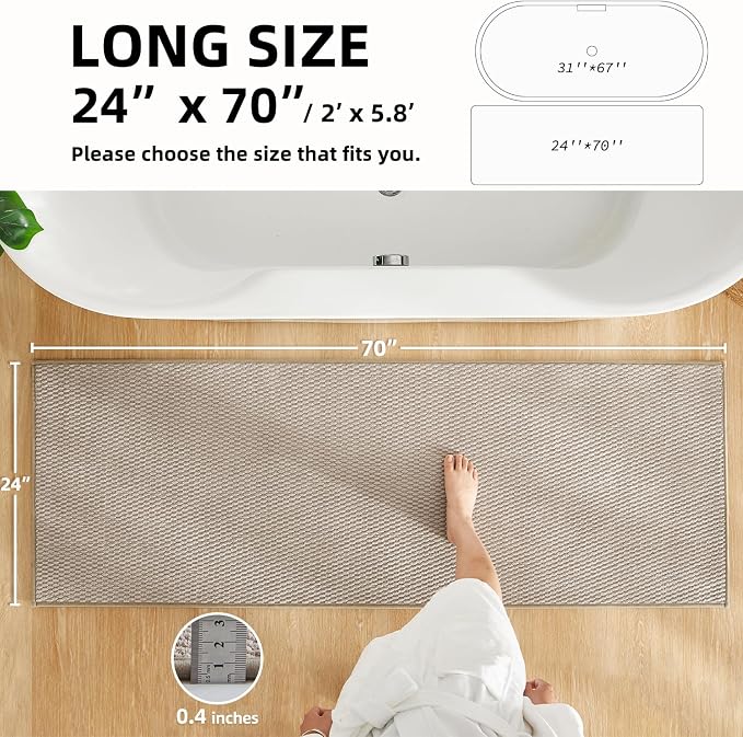 TYUU Bathroom Runner Rugs, Long Bath Mat Runner Washable Thin Quick Dry Low Pile Bathroom Runner Rugs Non Slip, Beige 24"x70"