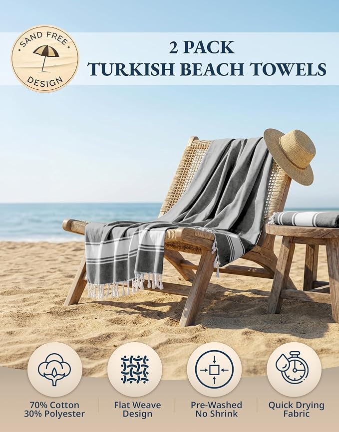 LANE LINEN Towels for Women, 2 Pack Oversized, Pre-Washed, XL - Smoky Black | No-Shrink, Sand Free - Quick Dry, Lightweight Travel Towels - Soft Bath Use, 39"x71" - Vacation Essential, Machine Washable