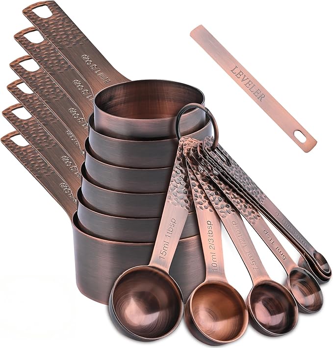Measuring Cups and Spoons Set 14, Copper Measuring Cups and Spoons Set for Dry & Liquid, Metric & US Stainless Steel 6 Measure Cups and 7 Spoons Set w/Leveler for Kitchen & Baking