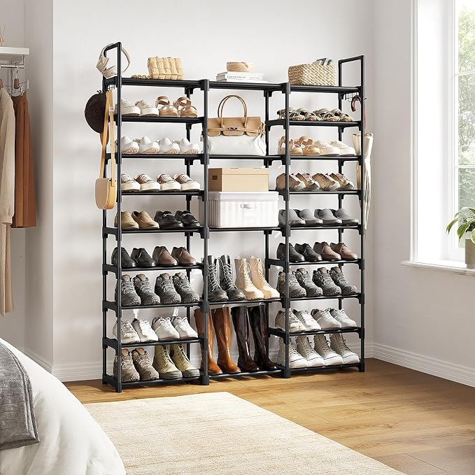 WOWLIVE 9 Tiers Large Shoe Rack Storage Organizer for Closet 50-55 Pairs Shoe Tower Unit Shelf Stackable Shoe Rack with Metal Pipes Plastic Connectors Black(SSS3B9)