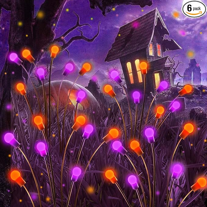 OZS 6Pack 48LED Solar Firefly Halloween Lights Outdoor for Party Decor | Purple Orange Lights for Halloween Decorations, Swaying Firefly Effect, IP65 Waterproof, 2 Modes for Path Garden Yard