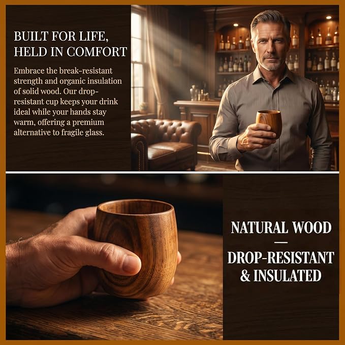 Wooden Whiskey Glass Set - Charred Bourbon Cup, Old Fashioned, Gift for Man | Pair 10oz with 6 Stainless Chilling Rocks, 2 Felt Coasters, Tong, Bag & Gift Box for Father's Day, Anniversaries, Retirement