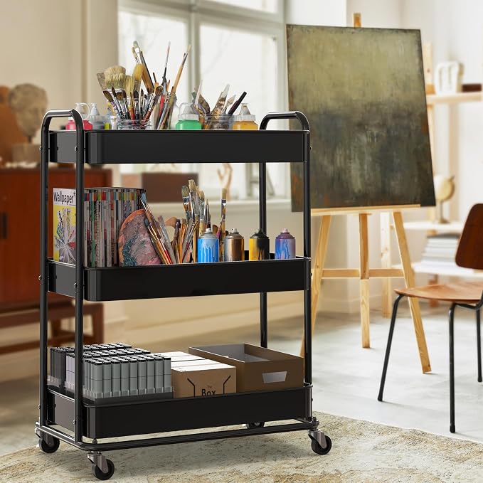 Simple Houseware 26" Extra-Wide 3-Tier Heavy Duty Metal Utility Cart, Black | High-Capacity Rolling Cart Organizer for Spa, Salon, Office, and Home Storage