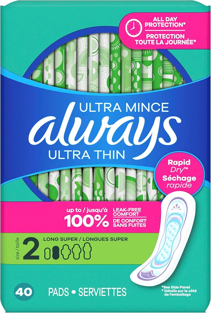 Always Ultra Thin Feminine Pads Without Wings for Women, Size 2, Long Super Absorbency, Unscented, 40 Count x 3 Pack (120 Count Total) (Packaging May Vary)