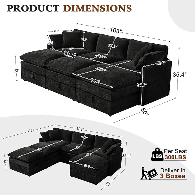 Ihanherry Oversized Sectional Sofa Bed with Storage, 103" 6-Seater Modular Cloud Couch with Movable Ottomans, Chenille Deep Seat Sleeper Couches for Living Room (Black)