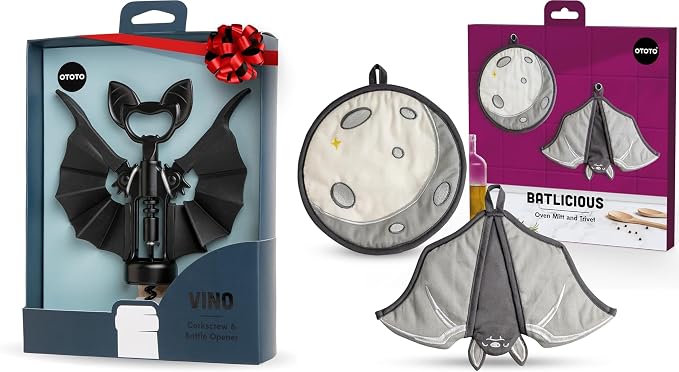OTOTO Vino Spooky Bat 2-in-1 Wine & Beer Opener, Corkscrew & Bottle Opener, Batlicious Oven Mitts and Pot Holders Sets - Heat Resistant Trivets
