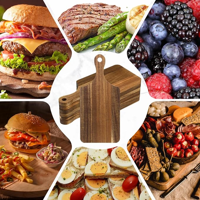 Didaey 6 Pcs Cutting Board Bulk Kitchen Thicken Chopping Platter with Handles Wooden Charcuterie Serving Trays Blank Wood Boards for Engraving Wedding Housewarming(Acacia Wood,11 x 5 Inch)