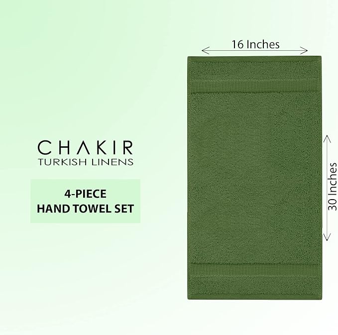 Chakir Turkish Linens 4 Piece Hand Towels, 100% Cotton Turkish Towels for Bathroom, Luxury Soft Absorbent Hand Towel Set, 16 x 30 Inches, Moss