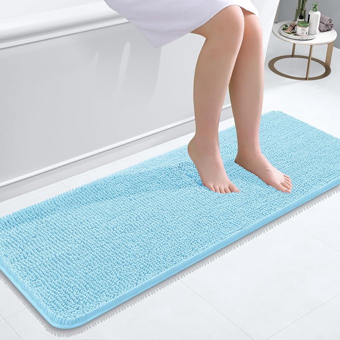 OLANLY Bathroom Runner Rugs 47x17, Soft Absorbent Chenille Bath Rugs, Rubber Backing Quick Dry, Machine Washable Long Bath Mats for Bathroom Floor, Tub and Shower, Home Decor Accessories, Sky Blue