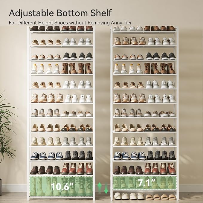 Nunsino Shoe Rack for Closet, Metal Shoe Organizer,12 Tier Garage Shoe Rack Max Holds 60 Pairs,Shoe Storage Shelf,Entryway, White
