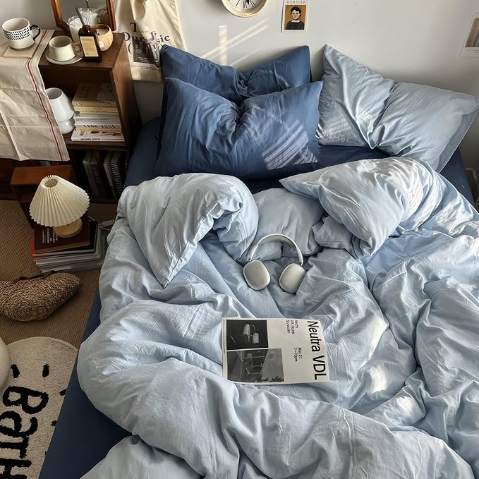 mixinni 100% Washed Cotton Duvet Cover Set Full Size, Solid Light Blue Ocean Themed Chic Bedding, Soft Breathable Minimalist Comforter Cover with Zipper Closure & Corner Ties-Full Size