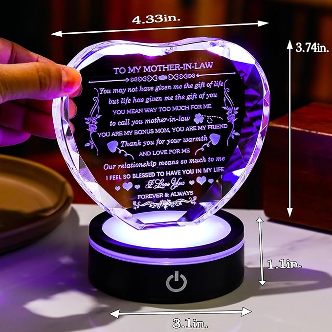 Gifts for Mother in Law with Colorful LED Base Unique Crystal Heart to My Mother in Law Mothers Day Christmas Birthday Gift Best Bonus Mom Gifts from Daughter/Son in Law