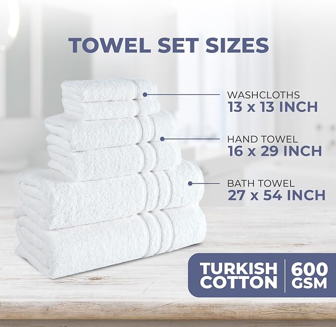 Hawmam Linen White 6 Piece Bath Towels Set for Bathroom Original Turkish Cotton Soft, Absorbent and Premium 2 Bath Towels, 2 Hand Towels, 2 Washcloths