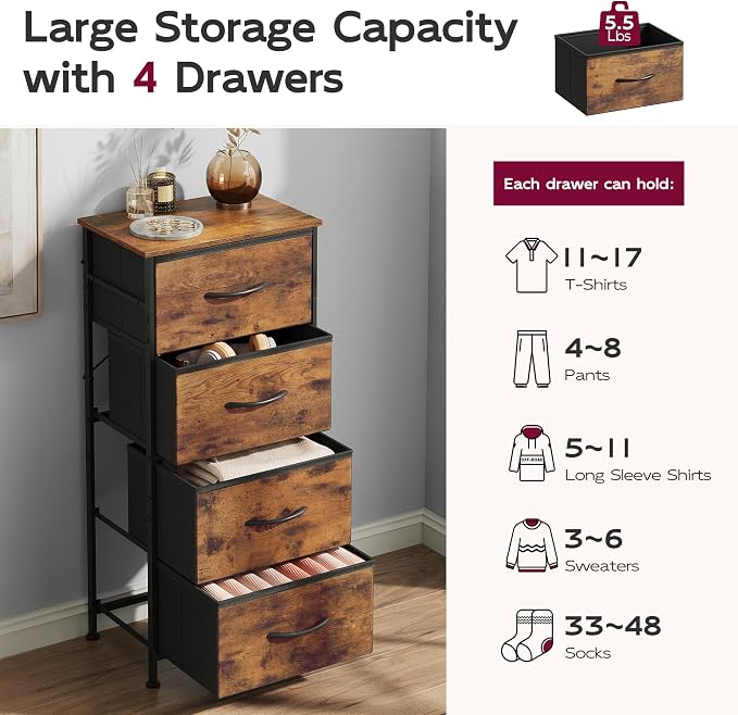 WLIVE Small Dresser Nightstand for Bedroom, 4 Drawers, Rustic Brown | 4 vertical fabric drawers, Space-saving tower, Bedroom or closet use, Chest of drawers, Dresser for small spaces