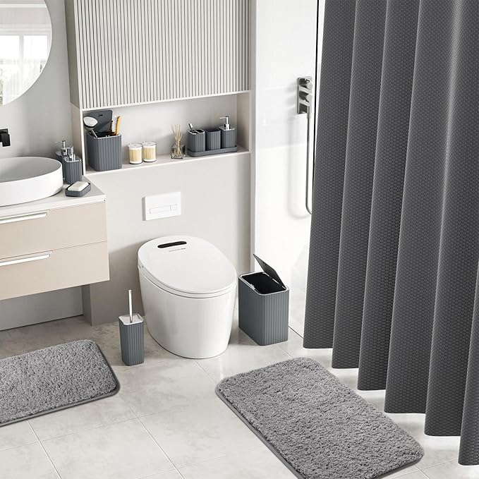 Bathroom Accessory Set - Bathroom Set, 27PC Bathroom Accessories Set, Grey Bathroom Sets with Shower Curtain and Rugs, Mini Trash Can, Toilet Brush, Trash Can & Soap Dispenser