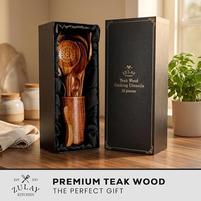 Zulay Kitchen 15-Piece Teak Wooden Utensils for Cooking - Natural Teak Utensil Set with Premium Gift Box - Non-Stick Wooden Spoons for Cooking - Kitchen Gift Set - Comfortable Grip Wooden Utensil Set