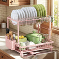 Multifunctional Dish Drying Rack - Rustproof, 2-Tier Dish Racks with Drainboard, Space-Saving Design, Utensil & Cup Holder for Kitchen Counter, Pink