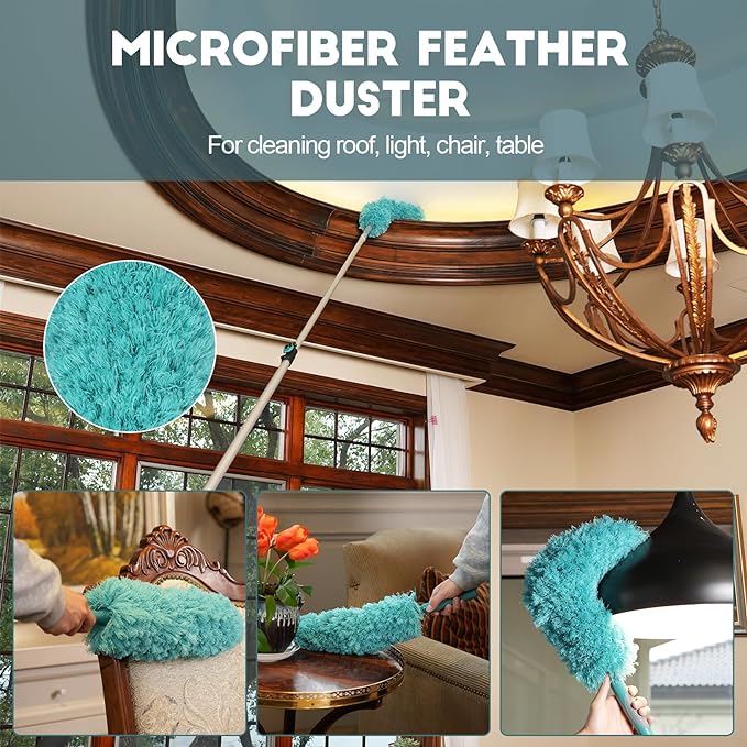 TelesPro 20 Foot High-Reach Duster Kit with 5-12FT Extendable Pole - High Ceiling Duster Cleaning Kit with Telescopic Pole,Cobweb Duster, Chenille Ceiling Fan Duster, Microfiber Feather Duster