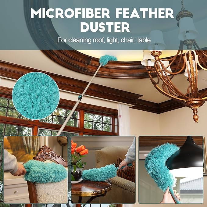 TelesPro 30 Foot High Reach Duster Kit with 6-24FT Extension Pole High Ceiling Dusting and Window Cleaning Kit with Telescopic Pole Window Washer&Squeegee,Cobweb Duster,Fan Duster and Feather Duster