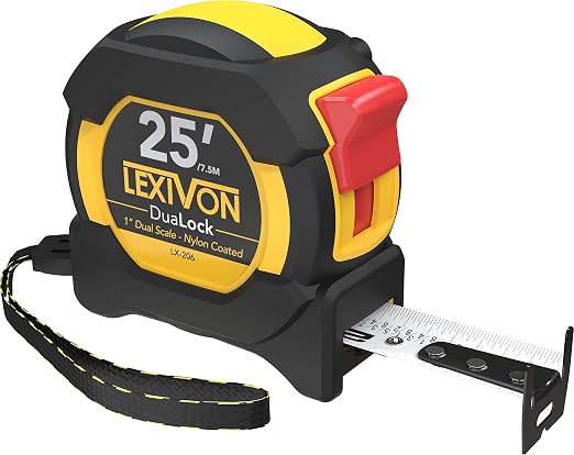 LEXIVON 25Ft/7.5m DuaLock Tape Measure | 1-Inch Wide Blade with Nylon Coating, Matt Finish White & Yellow Dual Sided Rule Print | Ft/Inch/Fractions/Metric (LX-206)
