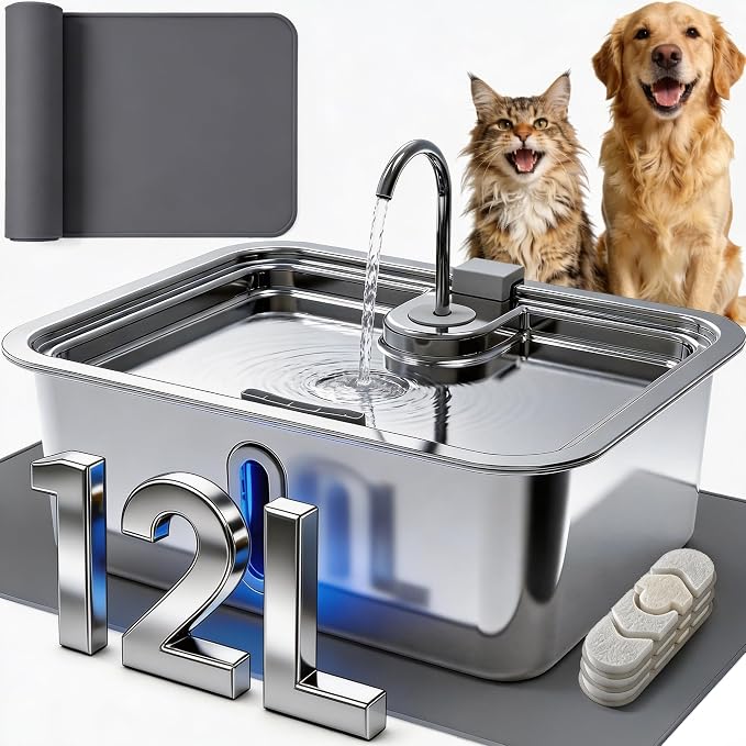 12L/3.17Gal Dog Water Fountain with Silicone Mat & 3 Filters, Stainless Steel Multi Pet Water Dispenser, Quiet Automatic Dog Water Bowl Dispenser with Visible Window & Alert Light for Large Dogs Cats