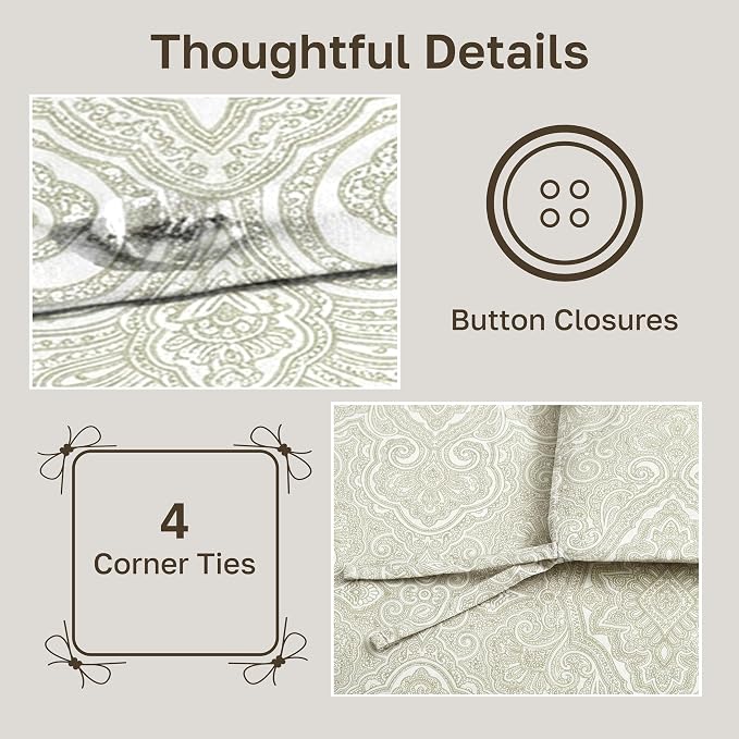 California Design Den Full/Queen Size Duvet Cover Set, 400 Thread Count 100% Cotton, Sateen Comforter Cover & 2 Pillow Shams Bedding Queen Size Set, Button Closure, Corner Ties (Paisley Beige)