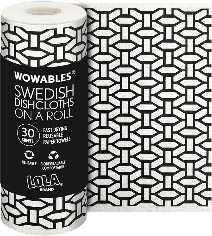 LOLA Swedish Dishcloths XL on a Roll, 30 Sheets, Geometric Pattern, Perforated 11" x 10" Sheets w/Hook, Reusable Absorbent Unpaper Towels Cellulose Sponge Cloth Biodegradable Made in Germany