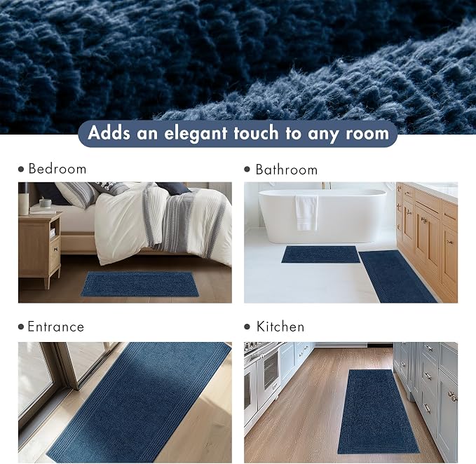 Madison Park Splendor Reversible 100% Cotton Bath Runner, 24 x 72, Navy | Tufted Bathroom Rug, 3000 GSM, Hotel Quality, Luxurious Plush, Medium Pile, Absorbent, Quick Dry, OEKO-TEX, Shower Room Décor
