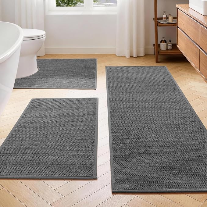 YIHOUSE Dark Gray Bathroom Rugs Sets 3 Piece, Quick Dry Non Slip Thin Bath Mat with Toilet Rug, Absorbent Machine Washable Bath Runner Rugs for Bathtub Sink Home Decor