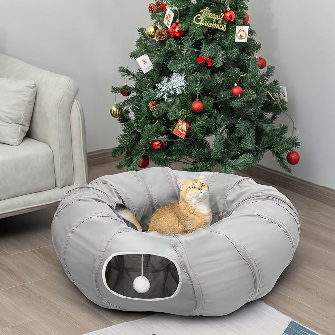 AUOON Cat Tunnel with Bed for Kitten Puppy Rabbit Ferret, Light Grey | 2-in-1 Interactive Cat Toy, with Hanging Ball Toy, Machine Washable Center Pad, 36"L x 36"W x 11.5"H