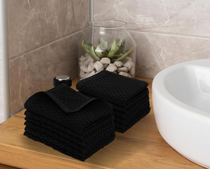 COTTON CRAFT Euro Spa Waffle Wash Cloth - Set of 12 Black Washcloth | Luxury Face Towel Set - 100% Cotton - Soft Plush Absorbent Low Lint Quick Dry - Gym Shower Beach Bath Kitchen - 12x12 inches