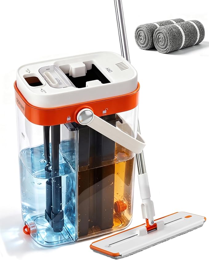 SOPAMI 3-Tank Flat Mop and Bucket System with Wringer | 53.54" Height, 4 Washable Pads. Separates Dirty & Clean Water for Hygienic Cleaning on Hardwood, Tile, Vinyl & Walls.