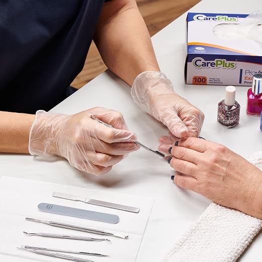 CARE PLUS Latex-Free Vinyl Gloves Clear Medium Size 100 Count | Heavy Duty, Non-Sterile, Powder-Free, Rubber | Food Prep, Kitchen & Cleaning Gloves, Ideal for Professional Use