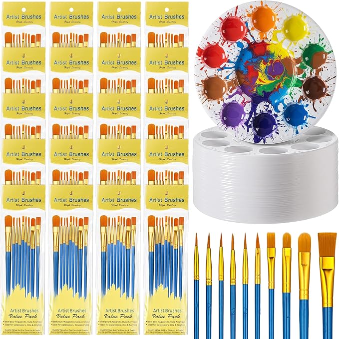 270 PCS Paint Brushes Set, 24 Pack of 240PCS Paint Brushes Bulk, 30 Paints Trays, Valued Paintes Brushe and Palettes Set, Acrylic Paints Brush Sets for Oil Watercolor Painting