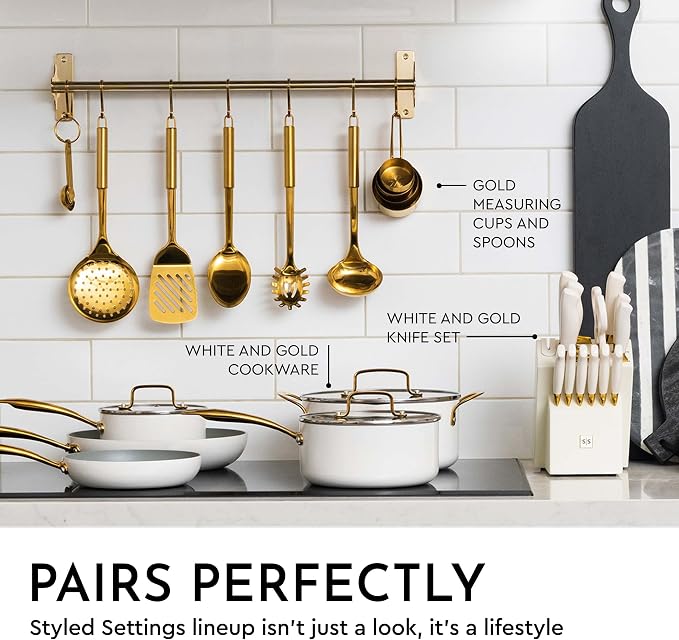 Gold Kitchen Utensils Set – 5-Piece Stainless Steel Kitchen Tools for Modern Cooking and Serving – Dishwasher Safe Ladle, Spoon, Spatula, Pasta Fork, Luxury Brass Kitchen Accessories for Home Chefs