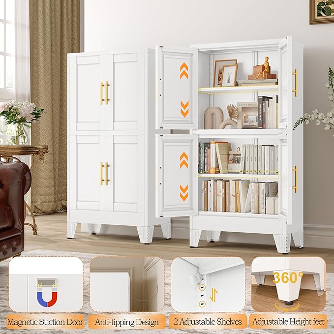 GAIOUS 47.25" Metal Pantry Cabinet, White Storage Cabinets with 4 Door | and 2 Adjustable Shelves, Steel Bathroom Cabinet,Freestanding Cupboard for Kitchen Dining Living Room Bathroom,Floor Cabinet