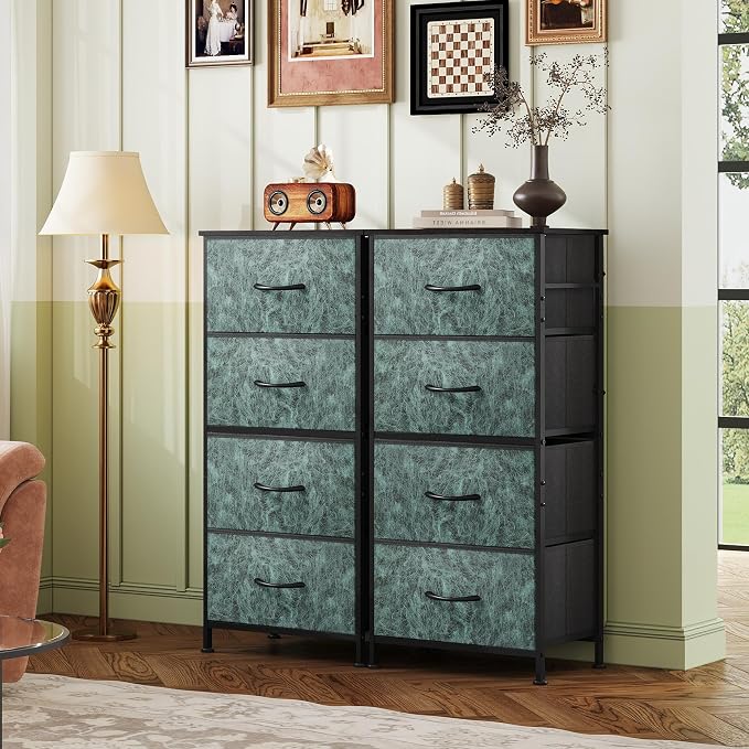 WLIVE Small Dresser Nightstand for Bedroom, 4 Drawers, Vintage Green | 4 vertical fabric drawers, Space-saving tower, Bedroom or closet use, Chest of drawers, Dresser for small spaces