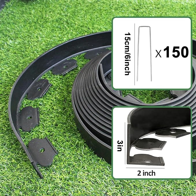 Landscape Edging 3in*98FT,Garden Edging Border with 150 Pcs Metal Spikes | Flexible Lawn Edging for Landscape, Garden, Flower Beds, Lawn, Yard, Pathway, Paver Edge-Black