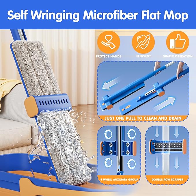 16.5" Self Wringing Flat Mop and Collapsible Bucket Set - Hands-Free Wet & Dry Microfiber Mop with Built-in Squeegee & 5 Washable Pads - Floor Cleaner for Hardwood, Laminate, and Tile