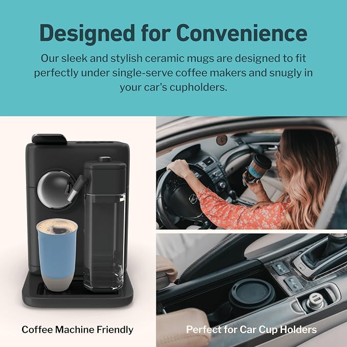 NOVA CERAMICS Travel Mug - Ceramic Coffee Mug With Lid – Microwave & Dishwasher Safe Coffee White & Grey Tumbler - Fits In Cup Holder – 16oz – Coastal Drift