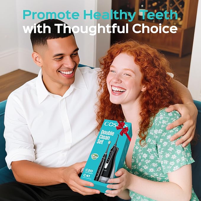 COSLUS C20C41 Water Flosser Electric Toothbrush Combo, 2-1 Oral Clean Kit | Brushing & Flossing for Teeth & Braces Cleaning, Gums Care, Portable Travel Use, Gift for Family, Adults, BPA-Free, Black