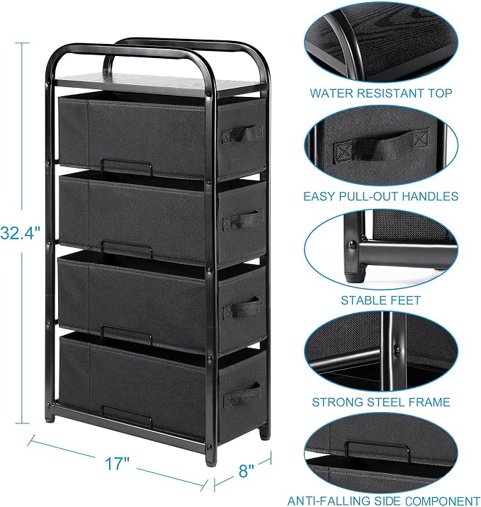 MAX Houser 4 Drawer Narrow Dresser Fabric Storage Tower Vertical Slim Storage Chest Organizer Nightstand Side/End Table Small Standing Organizer Removable Drawers Wood Top for Bedroom, Bathroom（Black