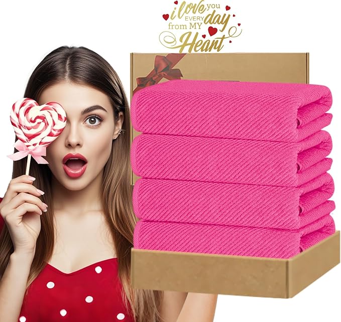 VOOVA & MOVAS Hot Pink Bath Towels 4PC, 100% Cotton, 30x56 in | Quick Dry, Thick, Soft, Absorbent, Luxury Shower Towels With Hanging Loops, Towel Gift Set